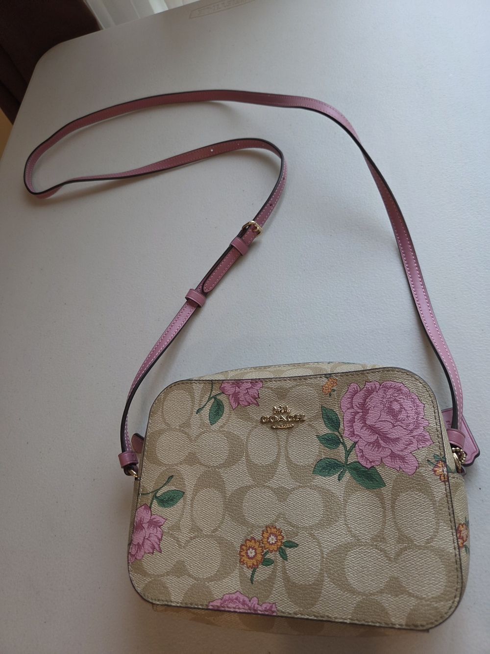 Coach Signature Canvas Mini Camera Bag Featuring Pink Rose, Yellow Wild Flower